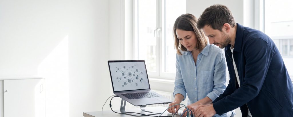 Two developers connecting modular components