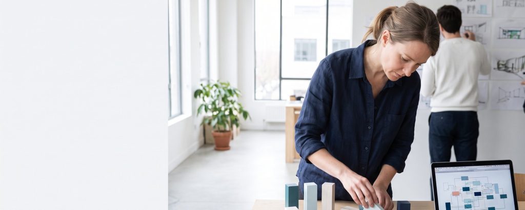 Software architect arranging modular building blocks on a table
