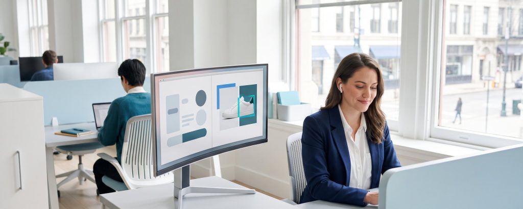 Product data manager reviewing AI suggestions for product attributes