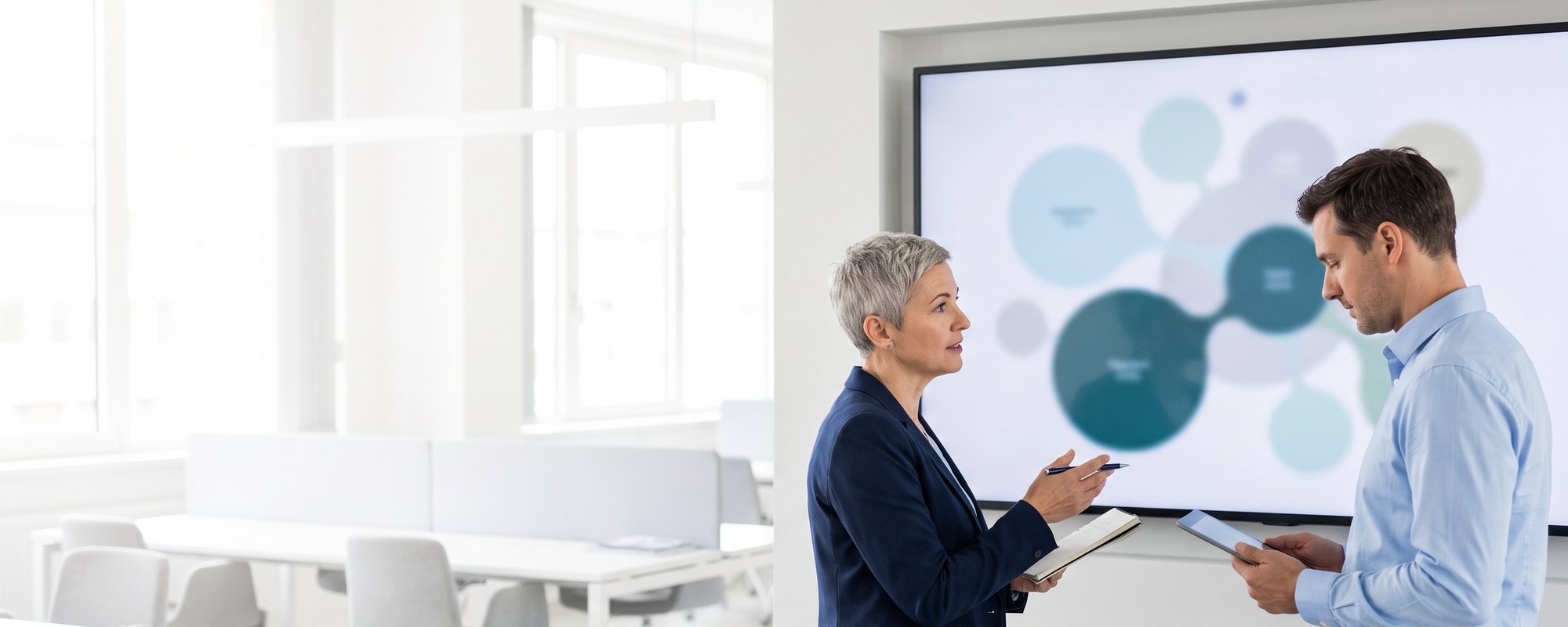Two analysts comparing software vendors on a screen