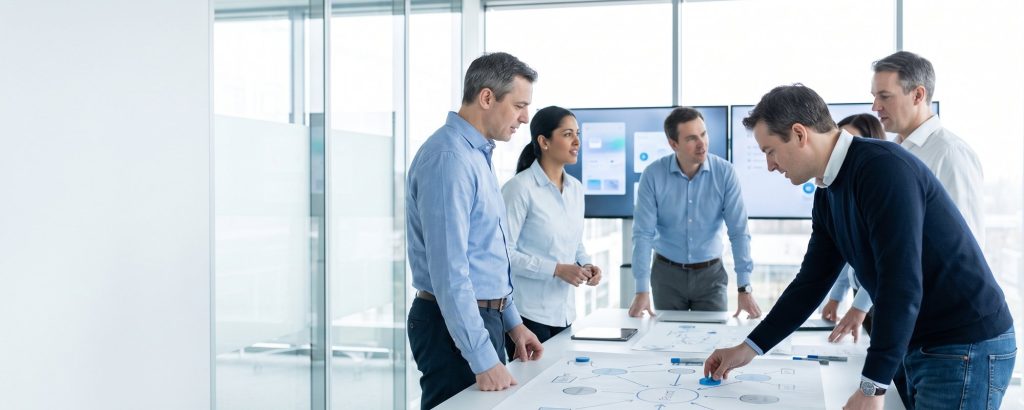 Strategy team planning sales channels at a large table